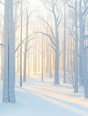 Poster - White paper silhouettes create a peaceful winter forest bathed in soft sunlight, highlighting tree shadows and serene surroundings. Generative AI