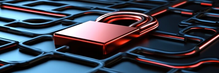 Poster - A red padlock sits on a dark, circuit-like background, symbolizing security and protection.