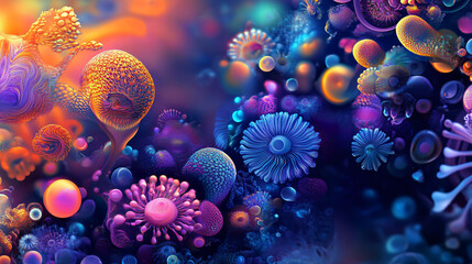 Leinwandbilder - Microscopic organisms create a vibrant ecosystem, showcasing diverse life forms thriving in a colorful and dynamic environment