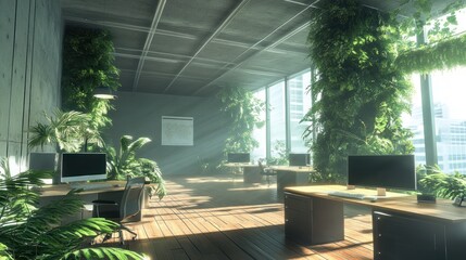 Aufkleber - A modern office space filled with greenery and natural light, promoting a calming work environment.