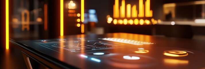 Poster - A futuristic interface on a sleek table with glowing elements and data displays.