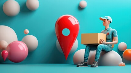 Fototapete - A 3D illustration of a delivery person with a box near a location pin and colorful spheres.