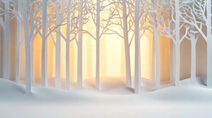 Leinwandbilder - A tranquil winter forest is formed from intricately cut white paper silhouettes, with warm light illuminating the backdrop. Generative AI