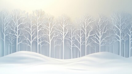 Poster - Delicate white paper silhouettes create a tranquil winter forest, softly illuminated by gentle sunlight filtering through trees. Generative AI