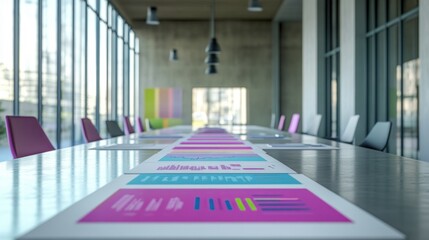 Poster - A modern conference room with colorful graphs on a long table.