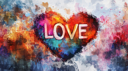 Poster - Abstract, textured heart shape representing love in vibrant, colorful artistic style