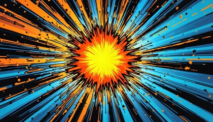 Poster - Abstract comic style background design. Bright blue orange rays burst from central explosion. Futuristic tech energy graphic. Pop art style banner for web wallpaper poster. Modern digital art concept