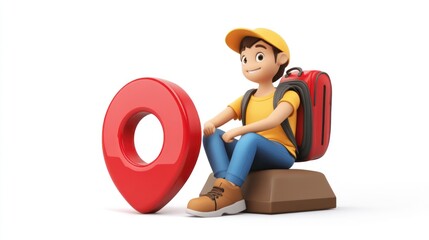 Aufkleber - A cartoon character with a backpack sits beside a large location pin icon, symbolizing travel.