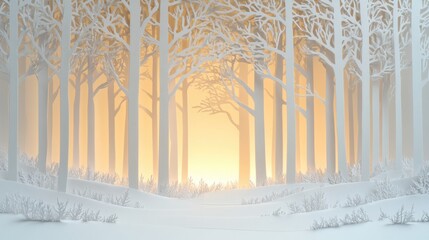 Poster - Intricate white paper silhouettes depict a peaceful winter forest illuminated by soft golden light during dusk, creating a serene atmosphere. Generative AI