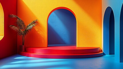 Poster - Vibrant Abstract Interior Design with Colorful Arches and Green Plant in Modern Minimalist Style : Generative AI