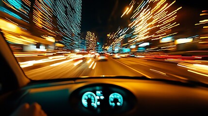 Aufkleber - Fast Pace City Night Drive with Blurred Lights and Speedometer View from Car : Generative AI