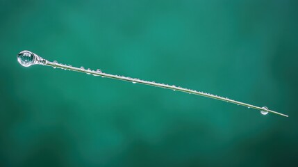 Poster - A close-up of a thin blade of grass with water droplets against a blurred green background.