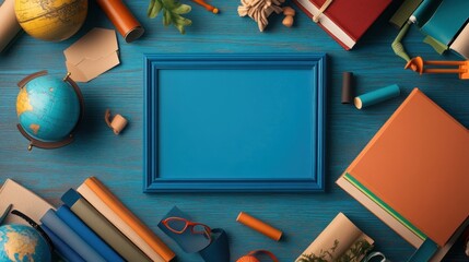 Poster - A colorful workspace with books, a globe, and a blank frame for creative inspiration.