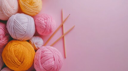 Poster - Pastel Yarn Balls and Knitting Needles on Pink Background