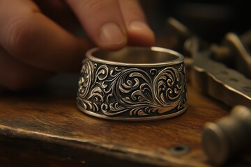 Aufkleber - A detailed silver ring rests on a workbench, showcasing intricate floral designs.