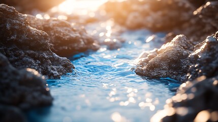 Aufkleber - Tranquil Rocky Stream Flowing with Sunlight Reflection in Nature : Generative AI