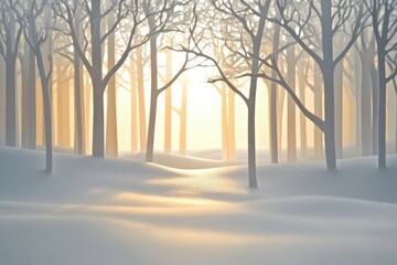 Poster - Delicate white paper silhouettes depict a tranquil winter forest as soft sunlight filters through the trees, creating a peaceful atmosphere. Generative AI