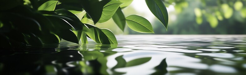 Poster - Vibrant Green Leaves Overhanging Rippling Water Surface in Nature : Generative AI