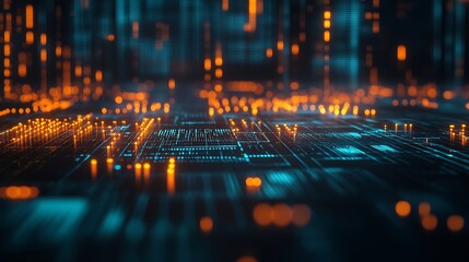 Poster - Futuristic Digital Landscape with Glowing Orange and Blue Lights for Technology and Innovation Themes : Generative AI