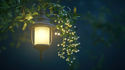 Poster - Illuminated Lantern Hanging From Branch With Berries