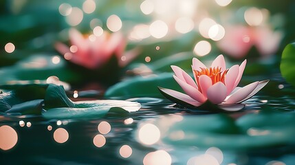 Poster - Serene Water Lily with Sparkling Bokeh in Tranquil Pond Setting : Generative AI