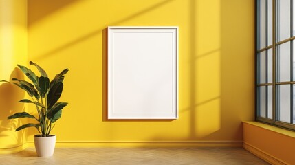 Poster - Yellow Room Interior With Plant And Blank Frame