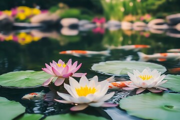 Poster - Tranquil Lily Pond with Pink Water Lilies and Reflections in Nature : Generative AI