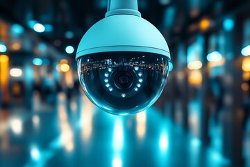 Aufkleber - High-Tech Surveillance Camera Monitoring Urban Area with Blurred Night Lights : Generative AI