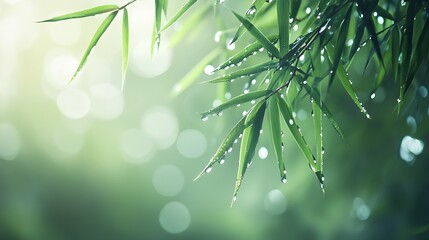 Poster - Morning Dew on Bamboo Leaves in Serene Nature Setting with Bokeh Lights : Generative AI