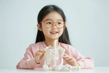 Poster - A young girl with glasses smiles while holding a small skeleton model.