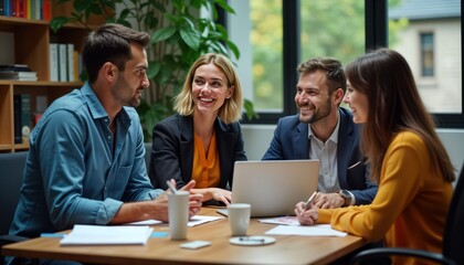 Poster - Four colleagues brainstorm ideas. Business team uses laptop. Diverse group smiles. Modern office. Coworkers collaborate. Young professionals meet. Happy people work together. Successful business