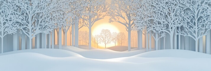 Poster - This tranquil winter forest illustrates white paper silhouettes under a soft golden light, revealing a peaceful atmosphere in nature's embrace. Generative AI