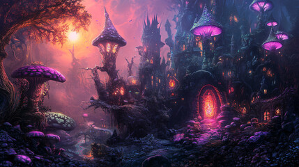 Poster - Enchanting sunset at the fantasy mushroom castle in a magical forest with towering mushrooms and glowing lights