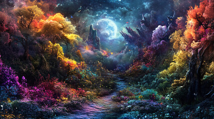 Poster - Vibrant, colorful fantasy forest landscape at night with full moon, fireflies, and a magical path leading through the trees