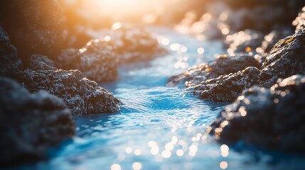 Poster - Sparkling Stream with Sunlit Reflections and Rocky Surroundings : Generative AI