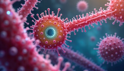 Poster - Microscopic view nuclear pore complex. Membrane protein transport. Biochemistry research. Medical science. Cell biology. Human cell. Drug discovery. Molecular structure. Microbial study.