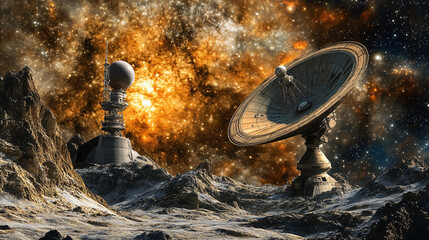Leinwandbilder - Observatory and large satellite dish scan deep space from a desolate, rocky planet in search of new discoveries