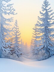 Poster - Delicate white paper silhouettes form a tranquil winter forest at dawn, where soft colors blend beautifully in the sky and snow. Generative AI