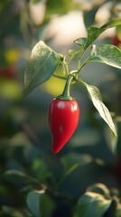 Wall Mural - Red chili peppers growing in a lush garden during the golden hour