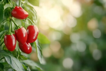 Wall Mural - Colorful variety of chili peppers hanging on a plant in a garden during daylight hours