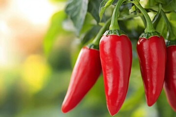 Wall Mural - Colorful variety of chili peppers hanging on a plant in a garden during daylight hours