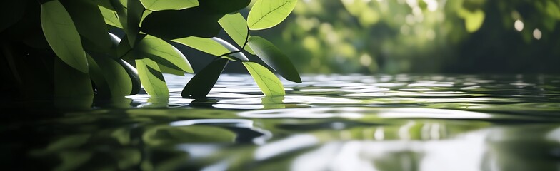 Aufkleber - Lush Green Leaves Drifting Over Peaceful Water Reflection Surface : Generative AI