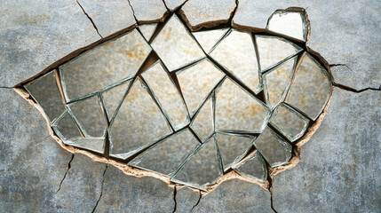 Poster - Abstract textured background created by embedded broken mirror shards reflecting light on cracked concrete wall