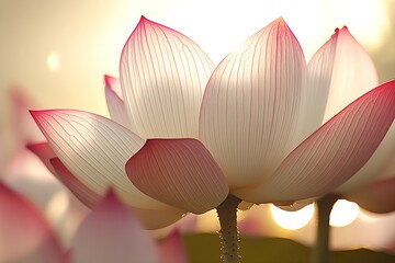 Poster - Serene White and Pink Lotus Blossom Captured Against a Golden Sunlit Background : Generative AI