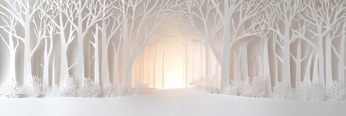 Leinwandbilder - A tranquil winter forest made entirely of white paper silhouettes gently illuminated, creating an enchanting and peaceful atmosphere. Generative AI