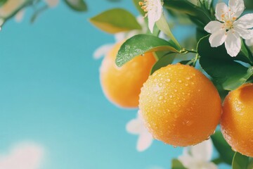 Wall Mural - Fresh oranges hanging on tree branches under a clear blue sky with blossoms