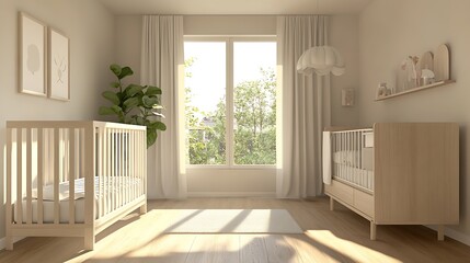 Aufkleber - Bright Nursery Interior with Wooden Crib and Cozy Natural Elements : Generative AI