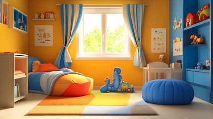 Poster - Enchanting Kids Room with Bold Blue and Orange Colors Promoting Adventure and Creativity : Generative AI
