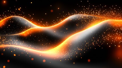 Poster - Glowing Waves of Orange and White Light Particle Reflections on Black Background : Generative AI
