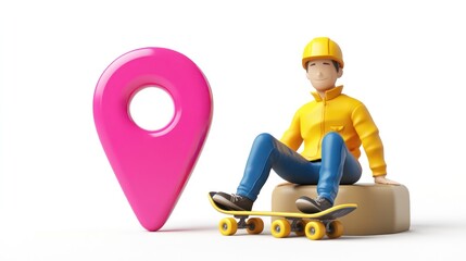 Poster - A cartoonish figure in a yellow jacket sits on a skateboard near a pink location pin.